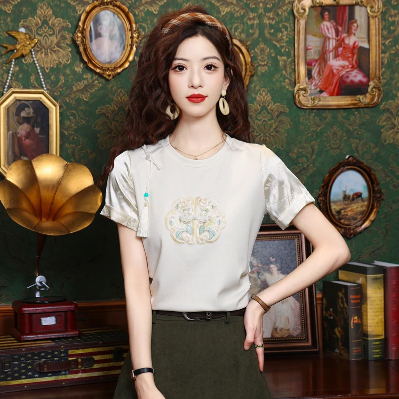 

Женская футболка в китайском стиле, Повседневная модная футболка с вышивкой и круглым вырезом, Новинка лета 2024, футболки в стиле пэчворк с короткими рукавами