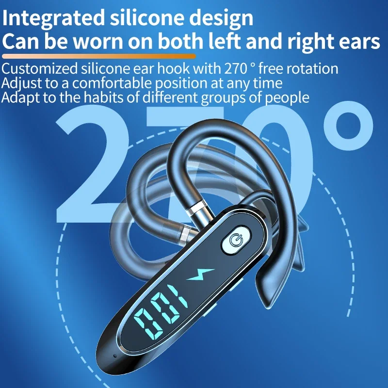 Enhanced Bluetooth Earphone with 270° Rotating Ear Hook, LED Display, HIFI Stereo Sound, Noise Reduction, and Waterproof Features