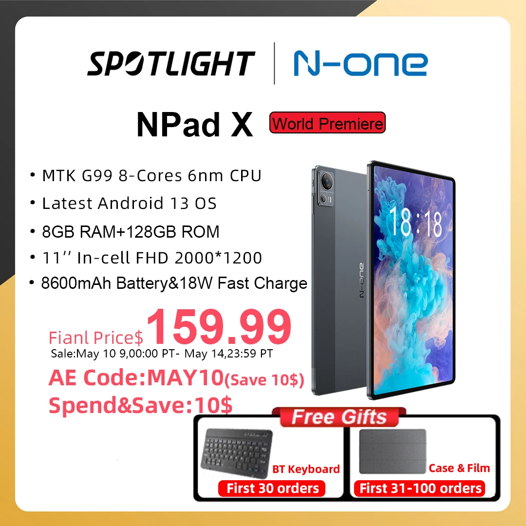  [World Premiere]N-one NPad X 11'' Tablet  2000x1200 FHD MTK G99 Android 13 8GB RAM 128GB ROM 8+20MP+HD Camera 18W PD Fast Charge 