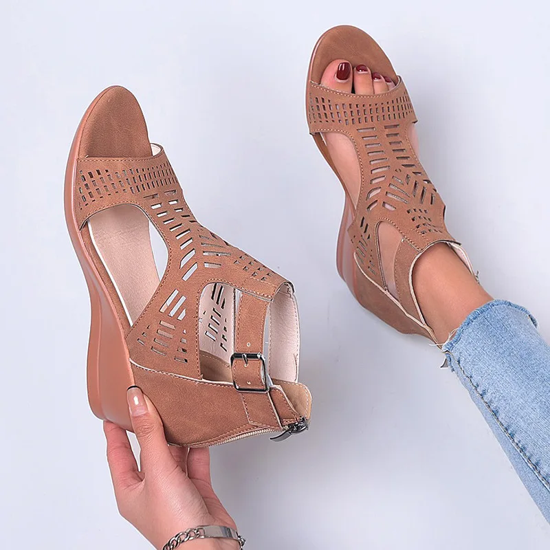 Women's Wedges Sandals Comfortable Outdoor Gladiator Platform Roman High Heels Shoes Party Hollow Out Thick Heel Zipper Shoes ladies wedge sandals Wedge Sandals