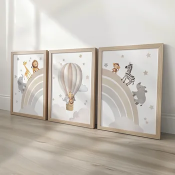 1/3pcs Elephant Giraffe Lion Safari Animal Nursery Canvas Print Beige Rainbow Hot Air Balloon Wall Art Poster for Home Decor 1
