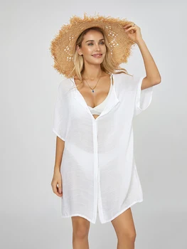 Women Beach Cover Up Shirt Oversized Short Sleeve Bikini Swimsuit Dress Button Down Beachwear Loose Fit Blouse 1