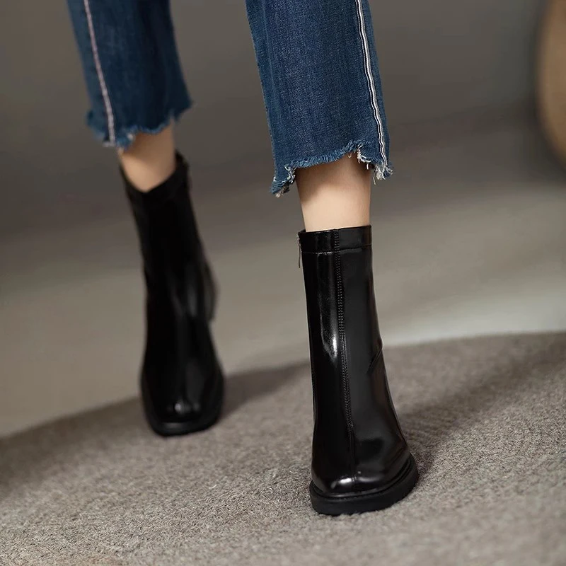 Women Mid Heels Ankle Chelsea Glass Boots Square Toe Elegant Concise Warm Winter 2024 New Designer Fashion Female comfort