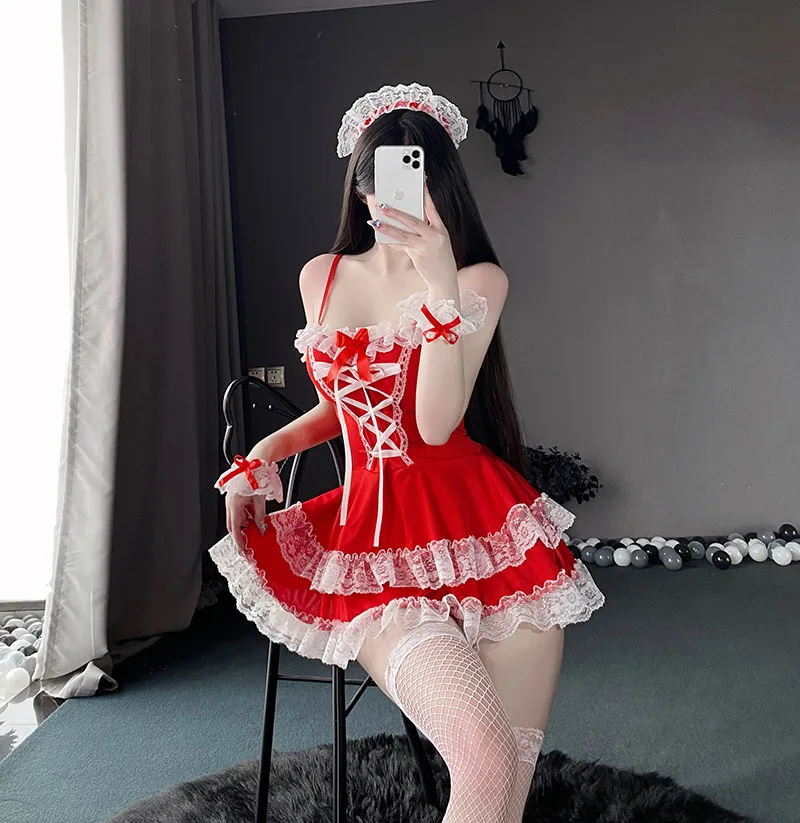

Sexy Lingerie Female Maid Girl Uniform Lacing Red Dress Exotic Costumes Suit Night Club Mad Cafe Party Performance Wear Women