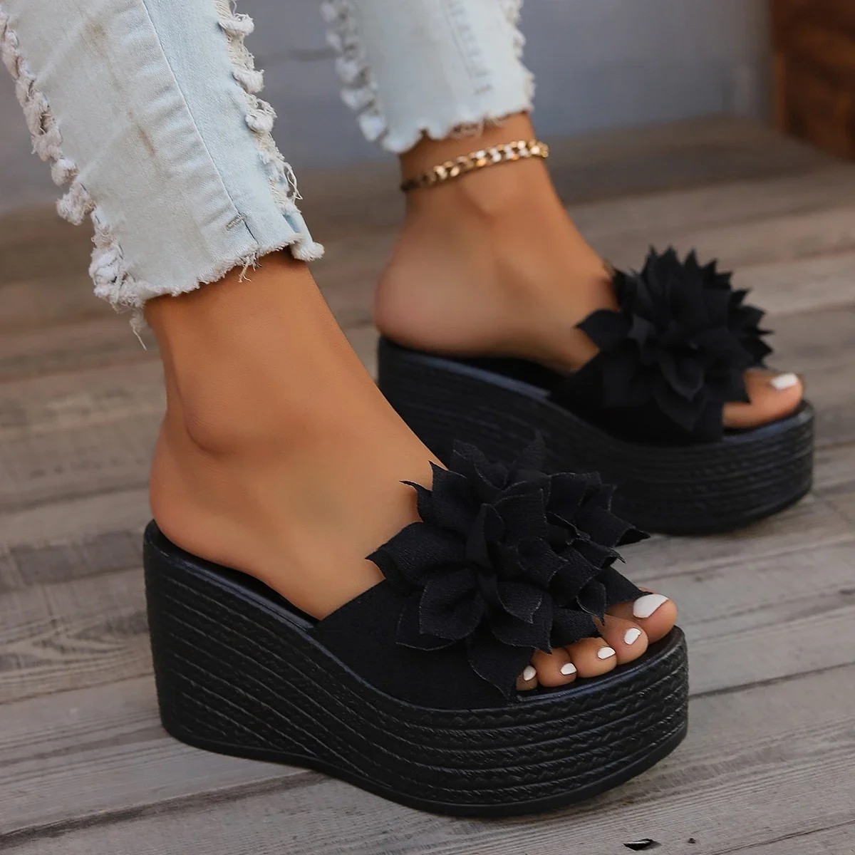 Sandalias De Plataforma Para Mujer Con Diseño De Flores - Zapatillas De EVA Para Playa Y Verano, Tacón 3 Cm