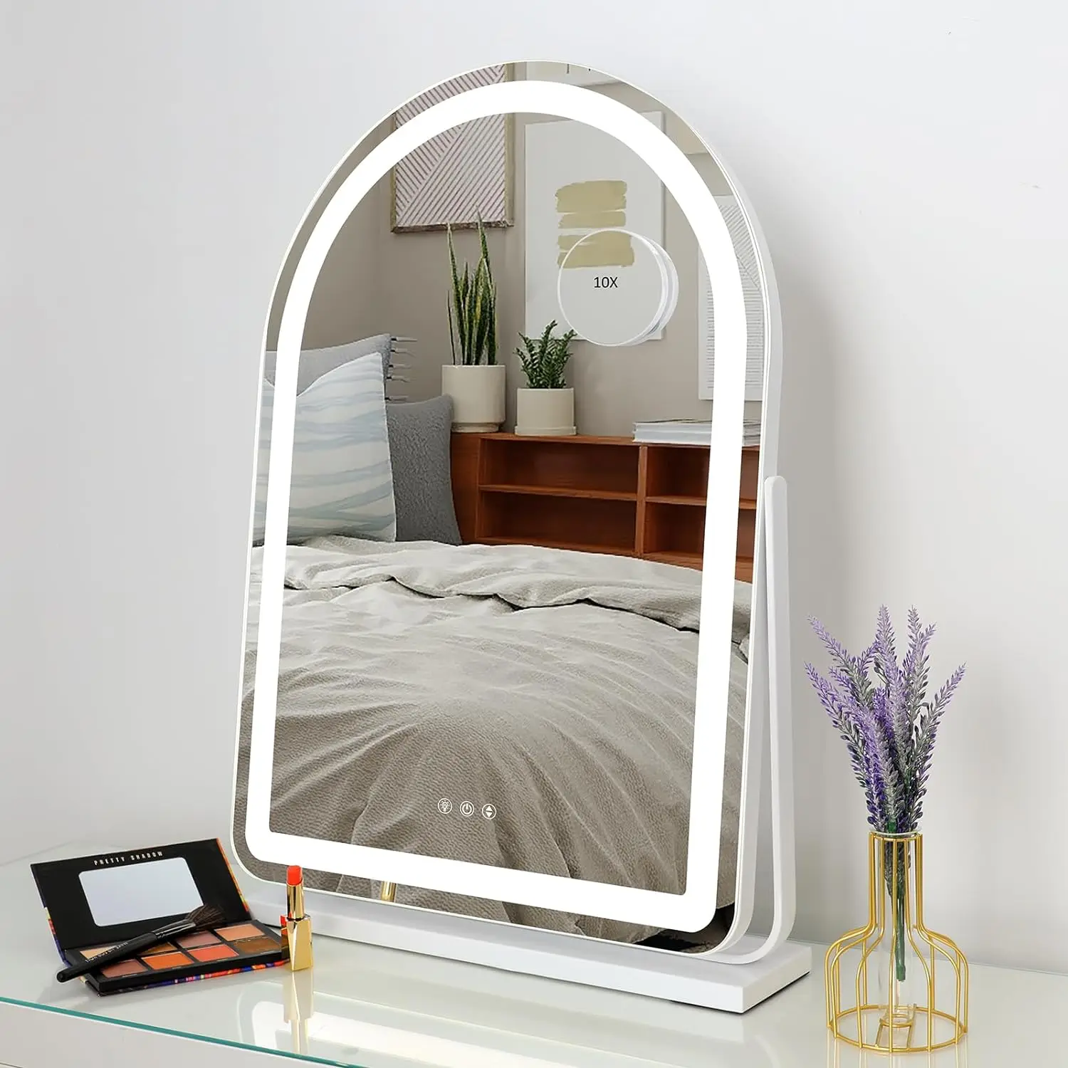 LED Lighted Arched Large Vanity Lighted Makeup Mirror for Bedroom Smart Touch Control 3 Color Lighting Modes Detachable 15x led vanity mirror