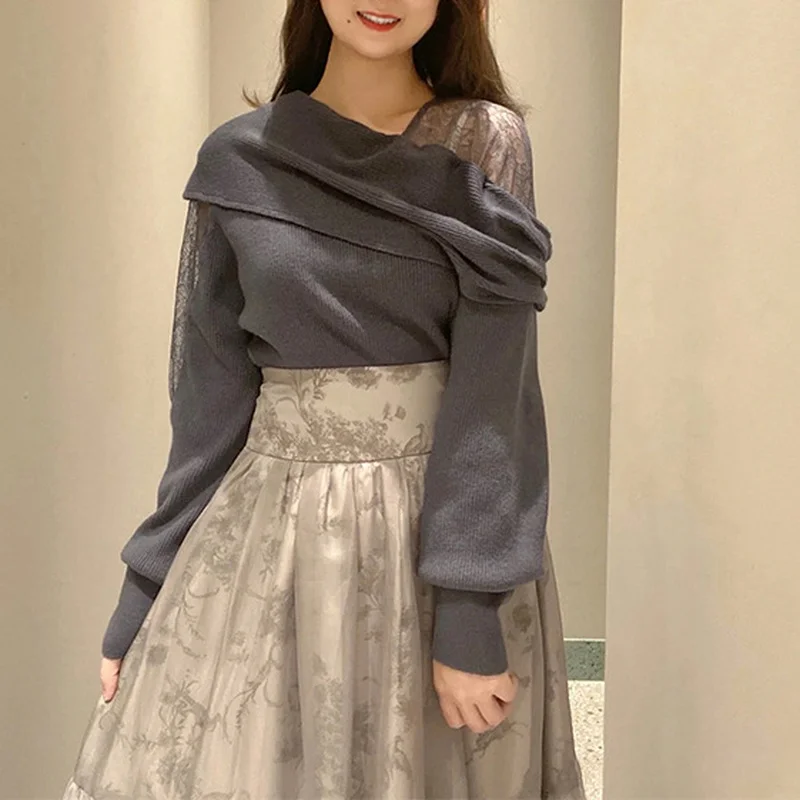 

Элегантные японские пуловеры, новинка сезона осень 2022, женские джемперы, кружевные вязаные свитера с открытыми плечами и лоскутным рукавом на резинке