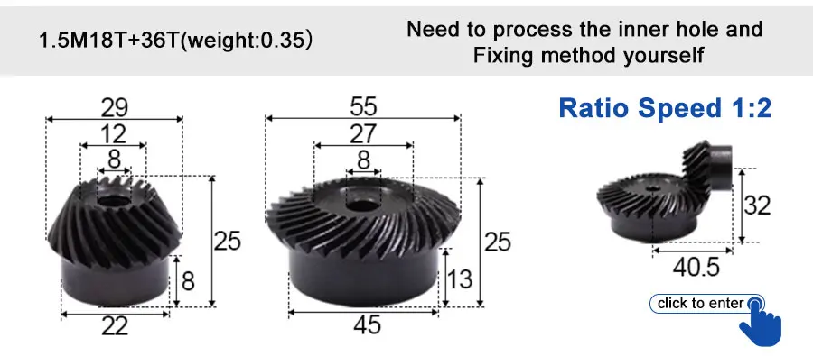 45 # Stahl 1M 15T Spiralkegelrad M1 Modul 1:1 90 Grad Differentialgetriebe Gleicher Übersetzungsverhältnis-Durchmesser – Detail 28