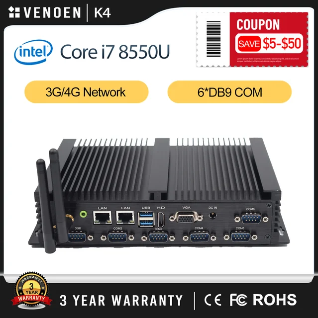 Fanless Industrial Core i7 8550U Mini PC HDMI VGA RS232 RS485 COM i225-V 2.5G EthernetDesktop Thin Computer Windows 10 Pro VESA