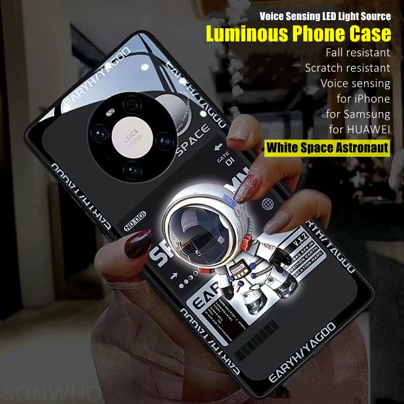 

Space Astronaut 7 Color LED Light Luminous Tempered Glass Phone Case for iPhone 11 12 13 14 15 X Xs Xr Mini Pro Max Plus Cover