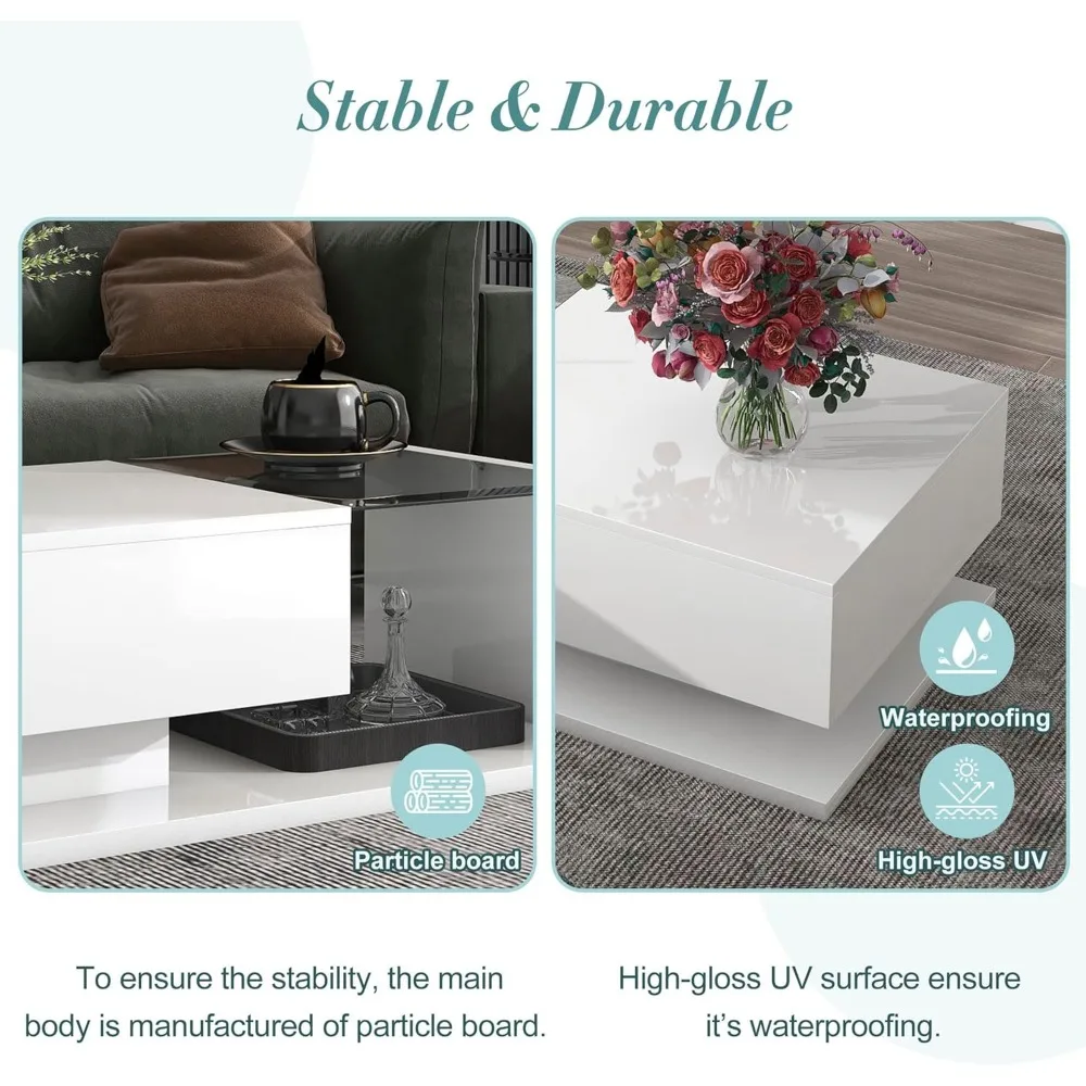 Modern Coffee Table with Tempered Glass,Small Coffee Table with High-Gloss UV Surface,2-Tier Living Room Center Table 4