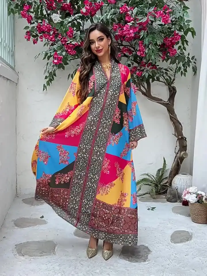 Uni Dubai Luxury Floral Print Maxi Dress V-Neck Abaya With Rhinestones  Moroccan Women Clothes 2025 - AliExpress 200000345