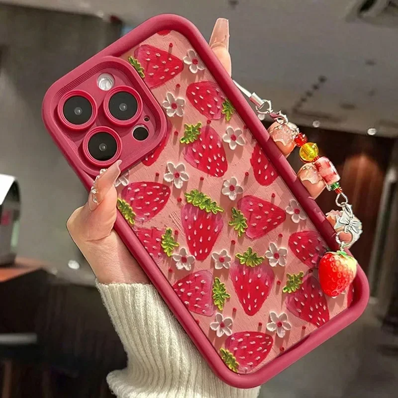 Adorable Strawberry Cat Chain Phone Case Cover
