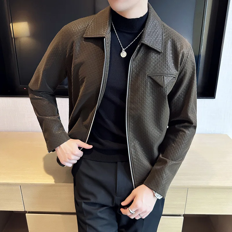 Brand Shiny Waffle Leather Jacket Men Long Sleeve Casual Business Motorcycle Jacket Lapel Streetwear Social Coat Men Clothing