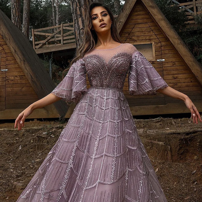 Sd7d7ca0952f54166827dc4dc17b9c27dX Luxury Dubai Pink Evening Dresses for Women Wedding Party Flare Sleeves Burgundy Arabic Plus Size Formal Gowns Mallzona