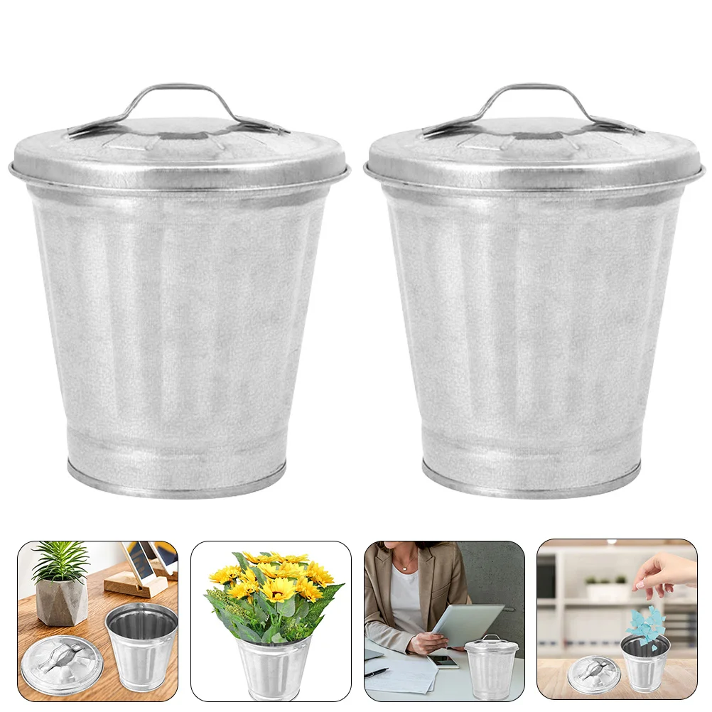 

Indoor Planters Mini Metal Trash Can Lid Desktop Garbage Bin Small Waste Basket Vintage Farmhouse Flower Bucket Utility