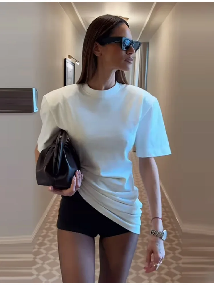 Lässiges, schickes, weißes, plissiertes Design-Top für Damen, trendiges, kurzärmliges, unregelmäßiges T-Shirt mit Rundhalsausschnitt, für den täglichen Pendelverkehr, Street-Outfit, neu – Detail 16
