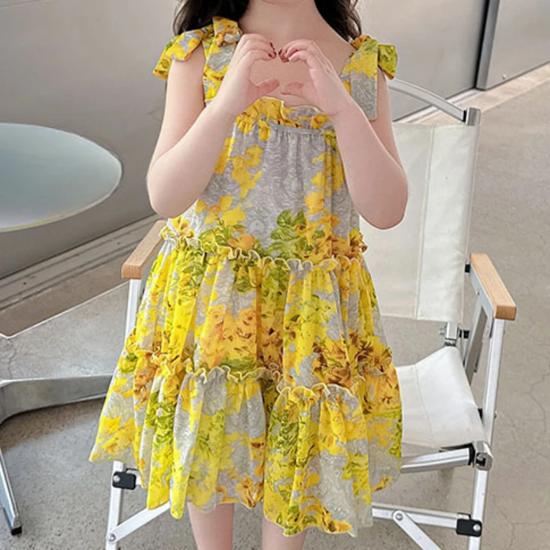 

Bohemian Style Yellow Camisole Skirt Girls Breathable and Comfortable Beach Summer Dress Children's Holiday Gifts Formal Attire