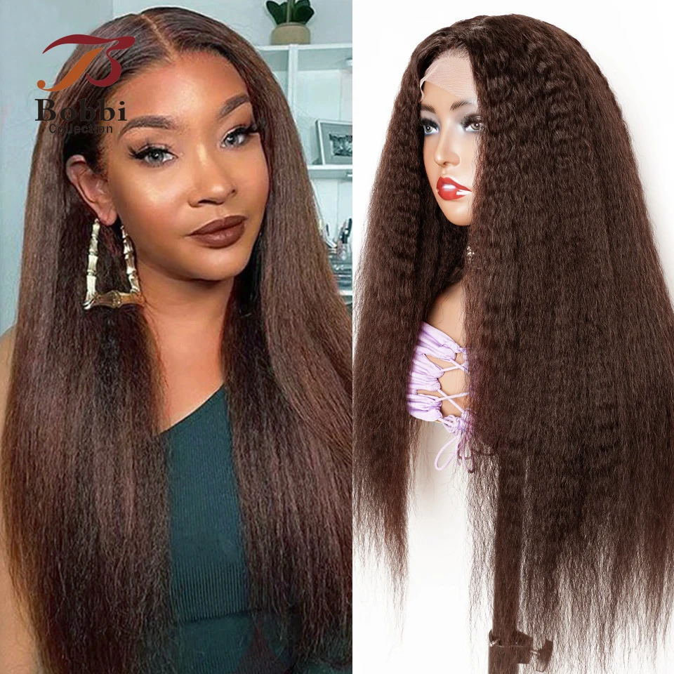 

Brown Human Hair Wigs Yaki Lace Front Wig Kinky Straight 4x4 Glueless Transparent Lace Wig for Women 13x4 Lace Frontal Wig Bobbi