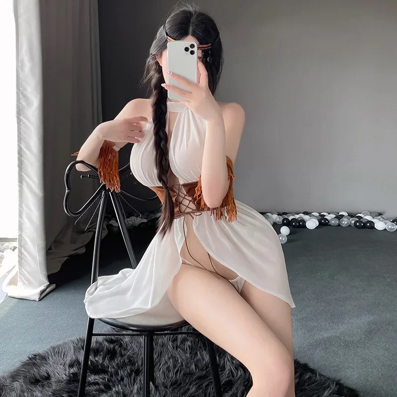 Women Lingerie Women Lingerie Set Sexy White Mesh Halter Dress Brown Corset Waist Western Cowgirl Greek Goddess Fusion