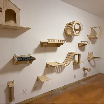 Wall-Mounted Cat Climbing Shelves & Tree Set – Sisal Scratching Post, Hammock, House & Rope Ladder 1