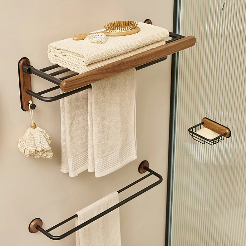 

Walnut Wood Storage RackBath Towel and Toilet Brush Wall ShelfMulti-Level Multifunctional Bathroom Organizer for Efficient