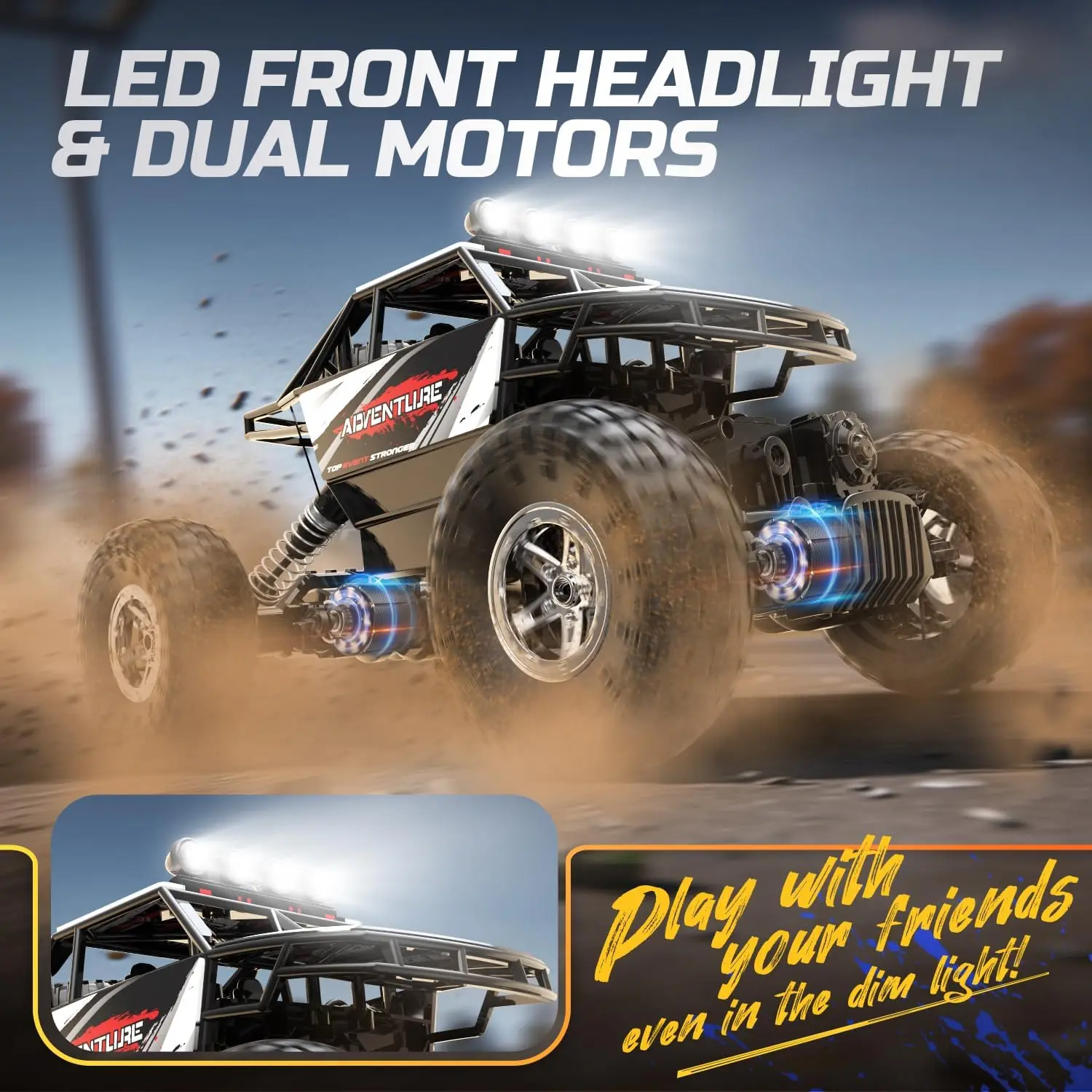 DEERC DE45 RC Car: 1:14 4WD Monster Truck, Metal Shell, 2 Batteries, 90 Min Play, 2.4GHz, LED, Rock Crawler 2