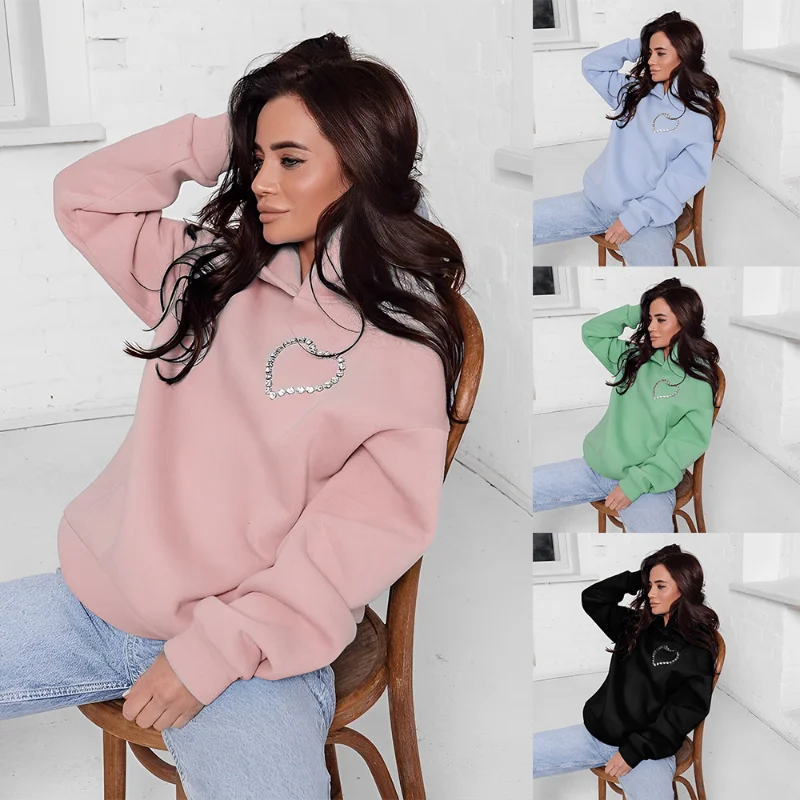 2023 Autumn and Winter New Hot Diamond Butterfly Sweater Thick Black Loose Hooded Loose Pullover Casual Top Crewneck Sweatshirt