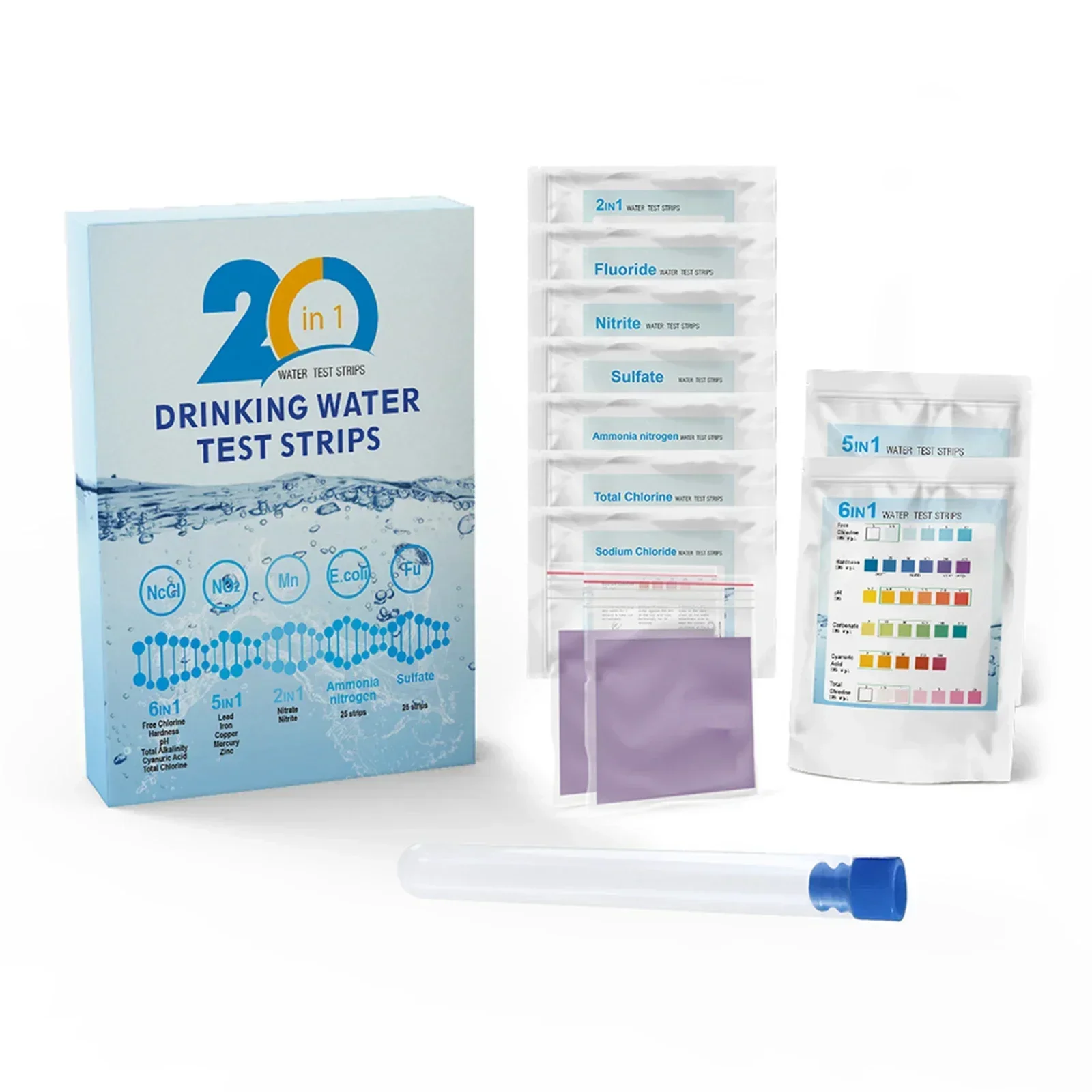 20In1 Water Quality Test Strips Drinking Water Quality Testing Kit Fish Tank Test Tube Dropper Home Aquarium PH Strip