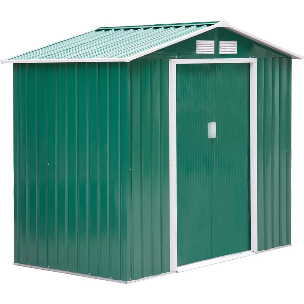 

7' x 4' Outdoor Storage Shed, Garden Tool House with Foundation, 4 Vents and 2 Easy Sliding Doors Green, Storage Shed