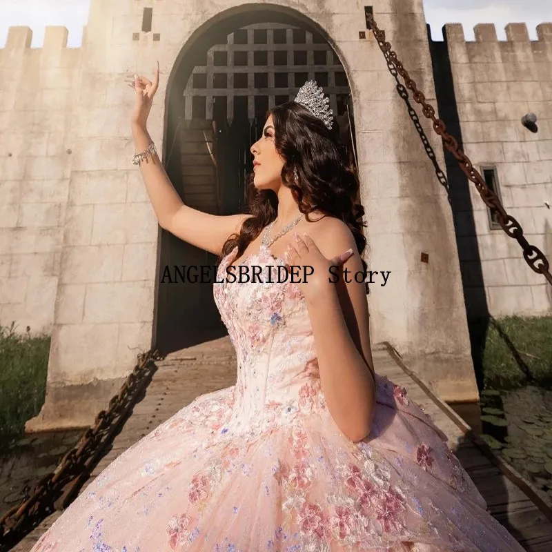 ANGELSBRIDEP Pink Shiny Quinceanera Dressess Applique Lace Beads Tull Corset Prom Sweet 16 vestido 15 quincea&ntilde;eras Customized