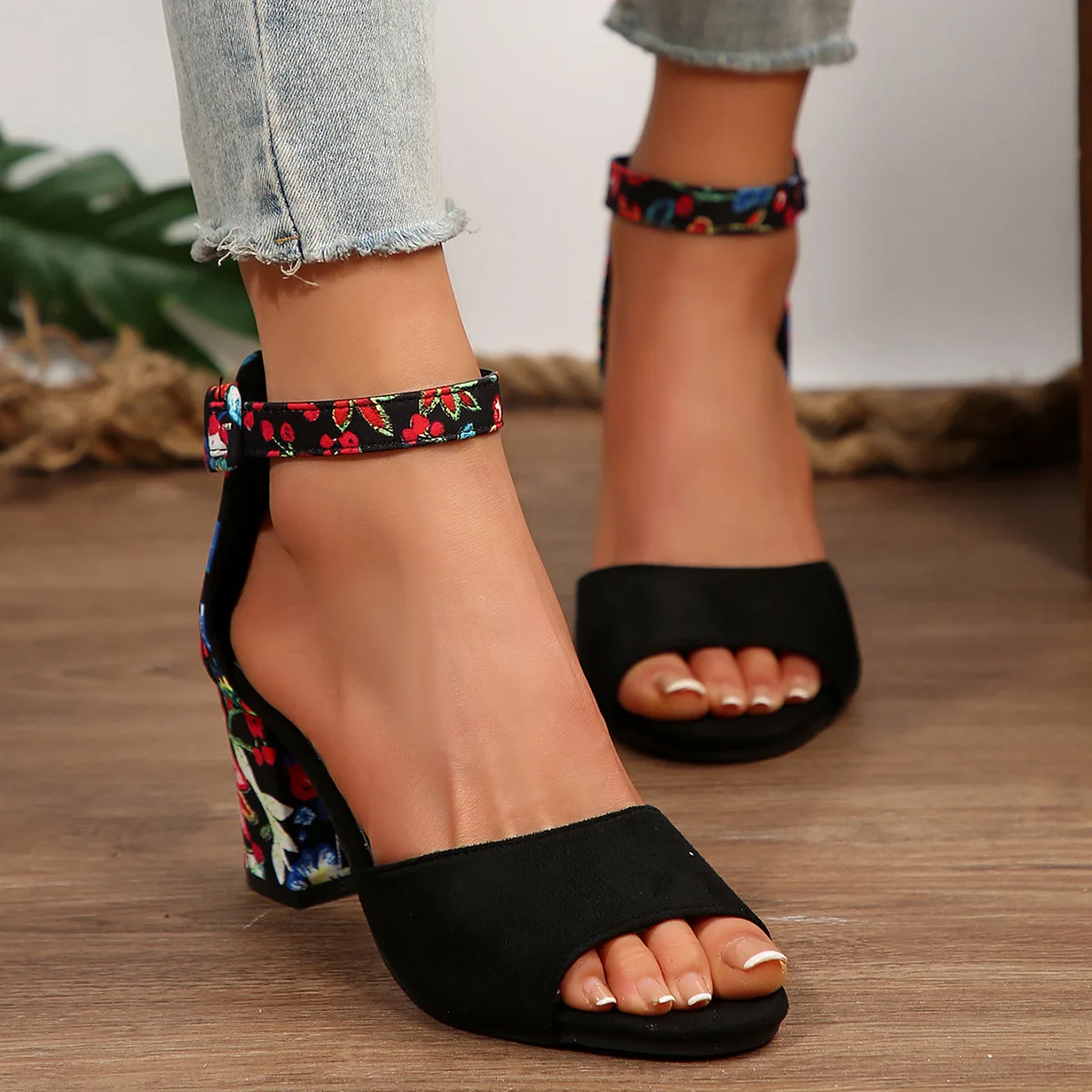 Women Summer Shoes 2026 High Sandals Vintage Flower Print Open Toe High Heels Woman Casual Buckle Ankle Strap Sandalse