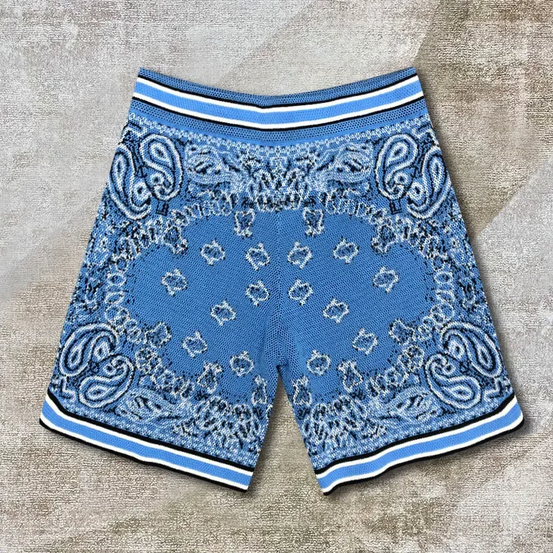 

AM Men Shorts High Quality Vintage Paisley Print Men Shorts Cashmere Knitted Shorts Embroidered Sweatpant Outfits Blue Pants