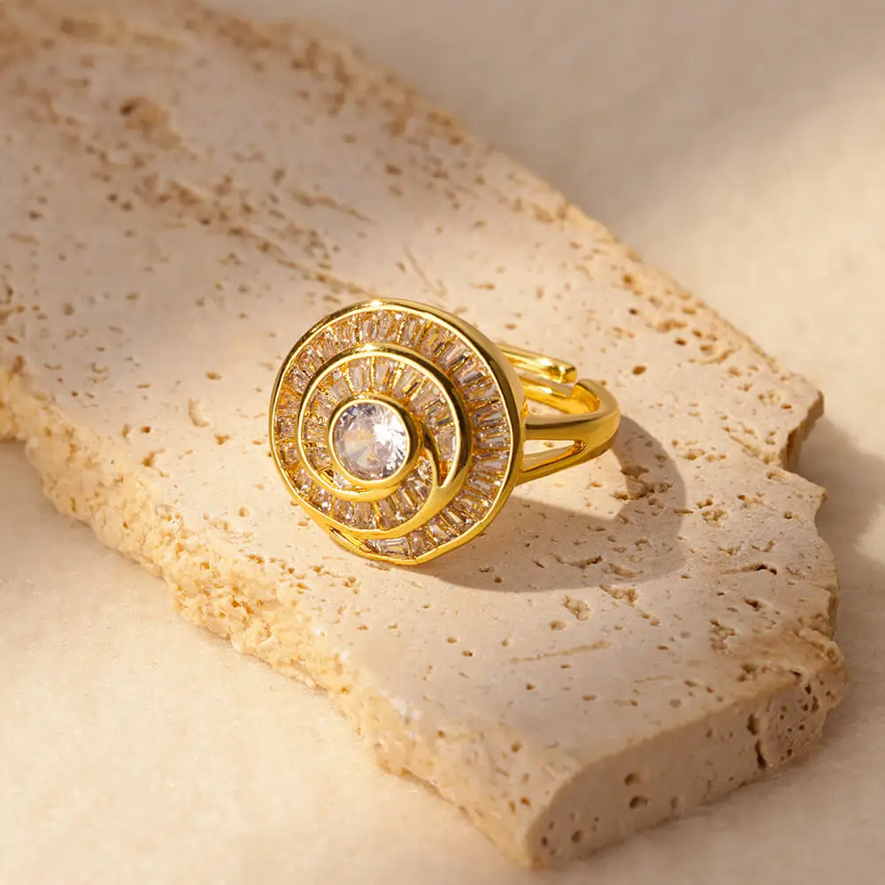 Round Zircon Stainless Steel Open Rings for Women Wedding Gold Color