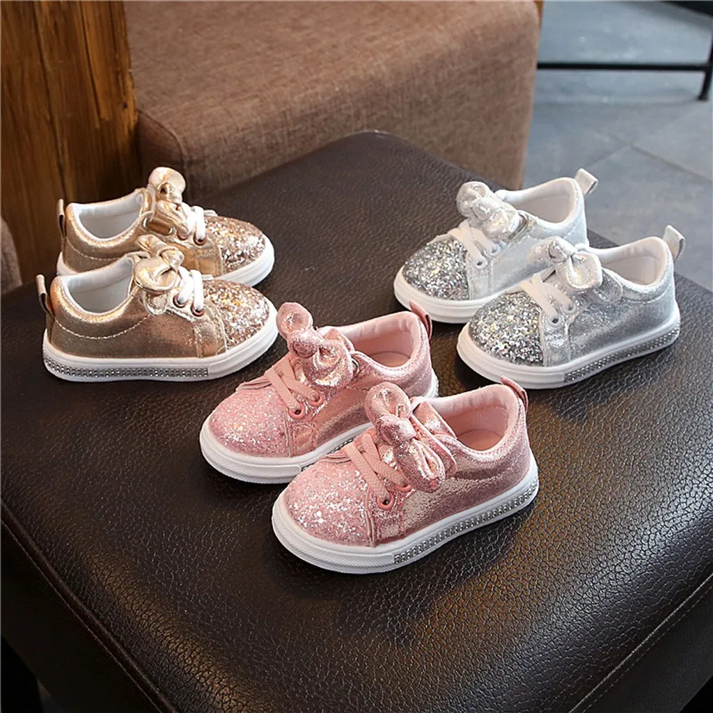 

Baby Kids Casual Shoes Sequins Bling Crystal Bowknot Soft Breathable Non-slip Girls Sports Sneakers Toddler Walkers Sapato