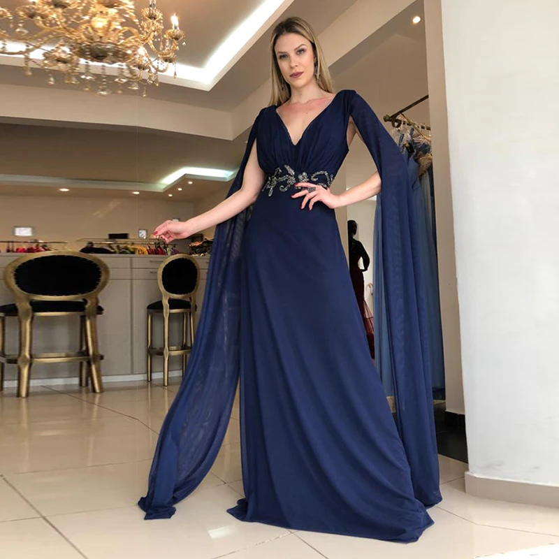 

Blue Mermaid Satin فساتين حفلات التخرج V-Neck Lace Applique Belt Evening Dresses Ribbon Vestidos De Mujer Para Fiesta 2023