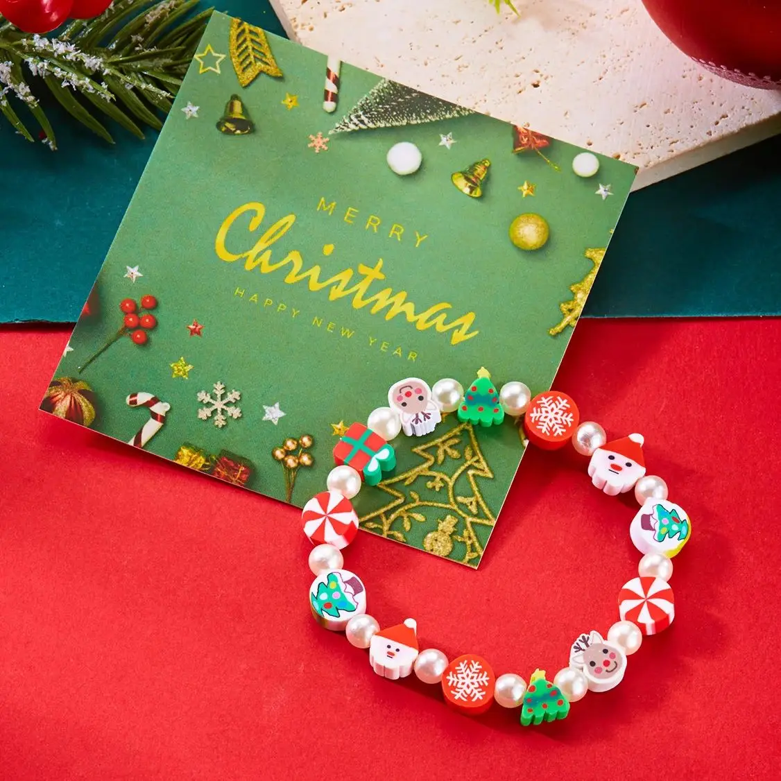 Weihnachten Bunte Polymer Clay Perlen Armbänder für Frauen Handgemachte Cartoon Santa Claus Schneeflocke Armbänder Neujahr Schmuck