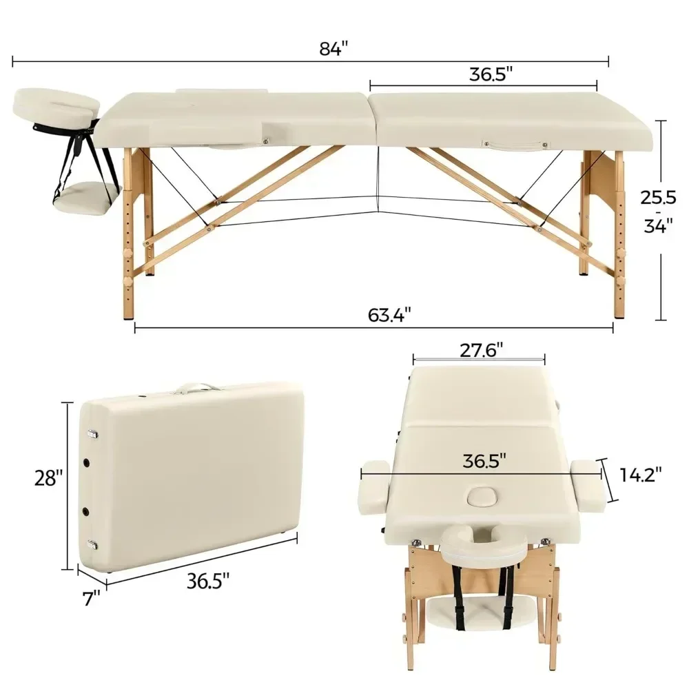 Portable Foldable Massage Table with Adjustable Lashes, Cream, 28 Inch, Non-Woven Bag Included