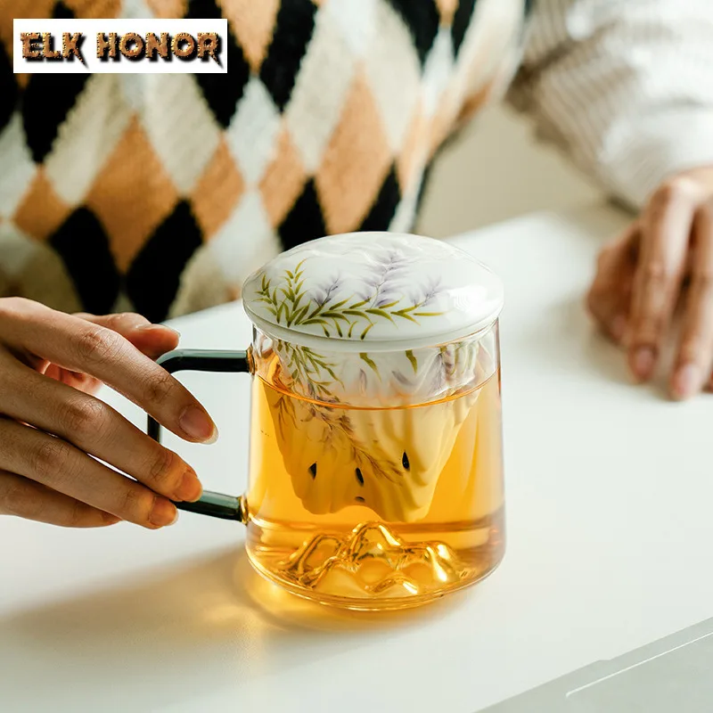 450ML Hand-painted Wisteria Flower Glass Filter Tea Separator Cup Distant Hills Tea Separation Mug With Handle Office Work Mugs