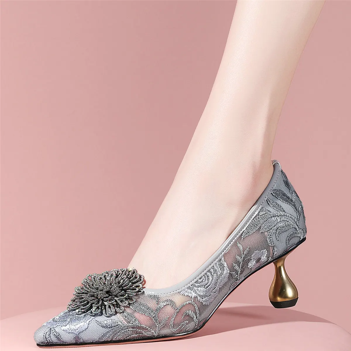 

Rhinestones Wedding Party Shoes Women Breathable Lace High Heel Pumps Female Summer Pointed Toe Gladiator Sandals Casual Shoes