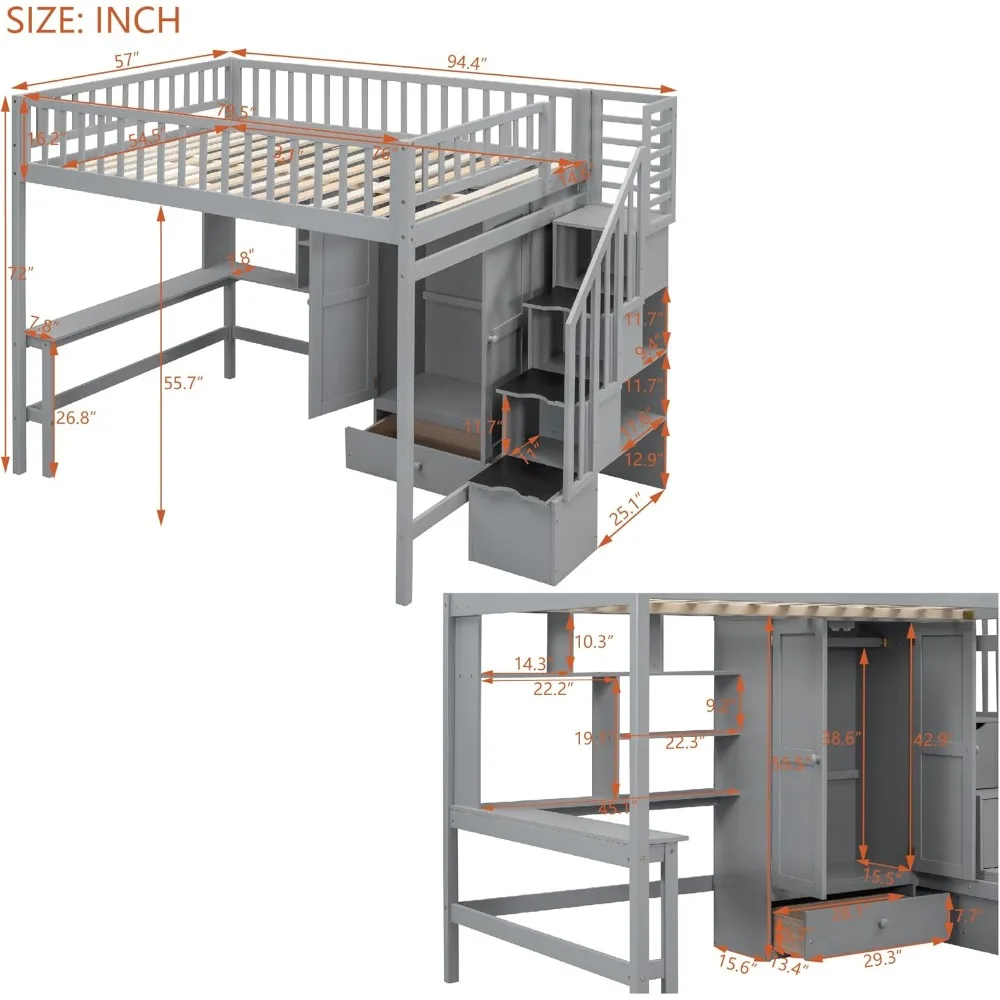 Full Loft Beds Stairway Loft Bed Frame with Wardrobe, Desk, Bookcase and Drawers, Gray Children's Wardrobes 3