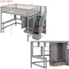 Full Loft Beds Stairway Loft Bed Frame with Wardrobe, Desk, Bookcase and Drawers, Gray Children's Wardrobes 3