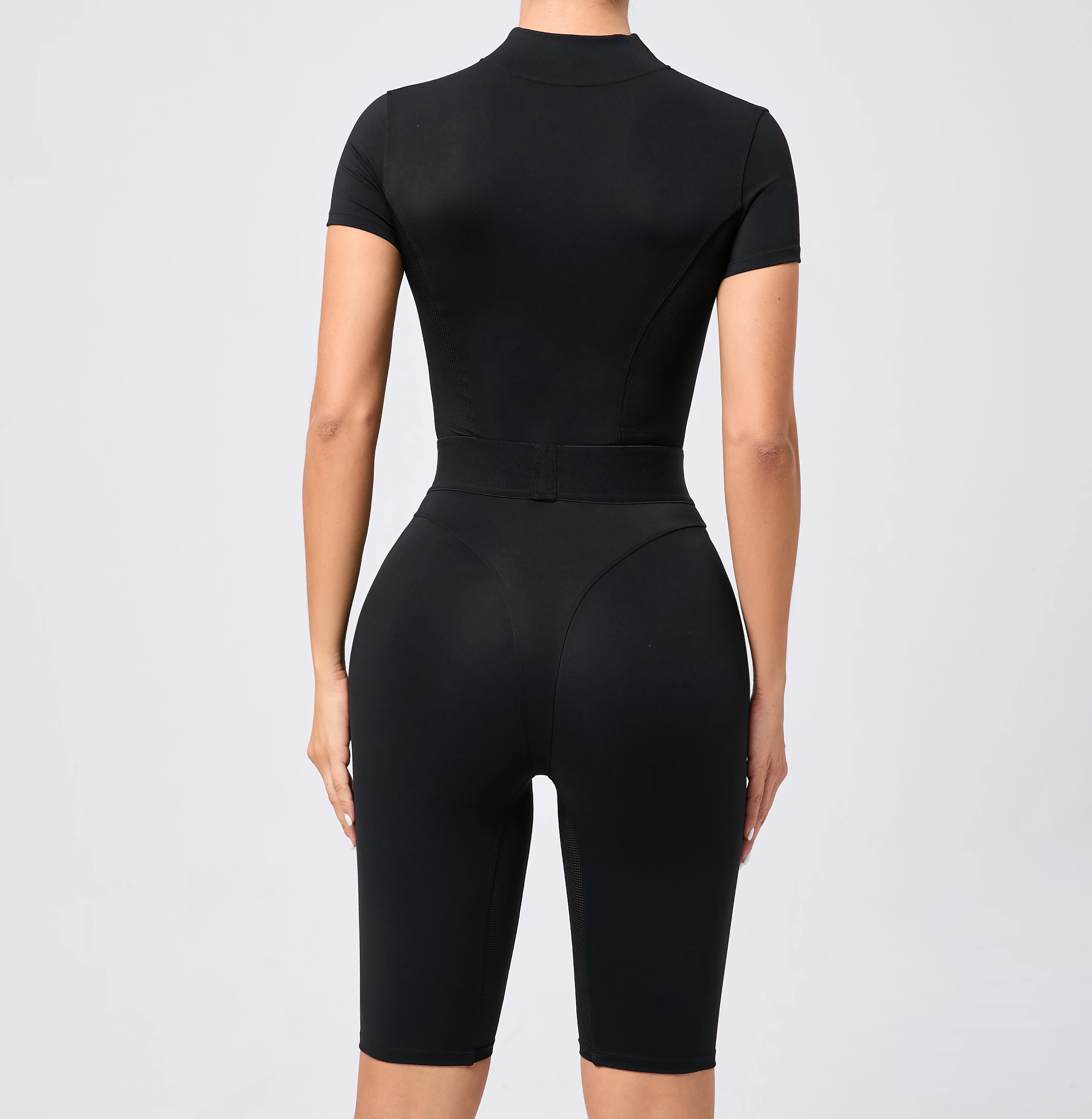 Damen einteiliger Anzug Reiß verschluss Kurzarm Fitness studio Push-up Trainings kleidung Fitness kurze Bodysuit Sportswear Overalls – Detail 5