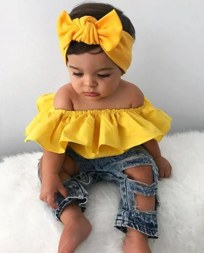 

Summer Kids Clothes Sets Baby Girls Casual Solid Strapless Ruffles Crop Top + Ripped Jeans + Headband Toddler Clothing