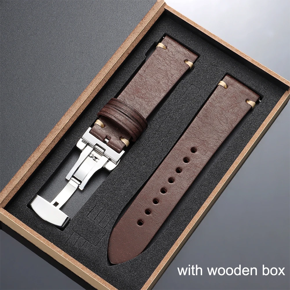 Elegant Top-Grain Leather Watch Band with Butterfly Buckle and Gift Box