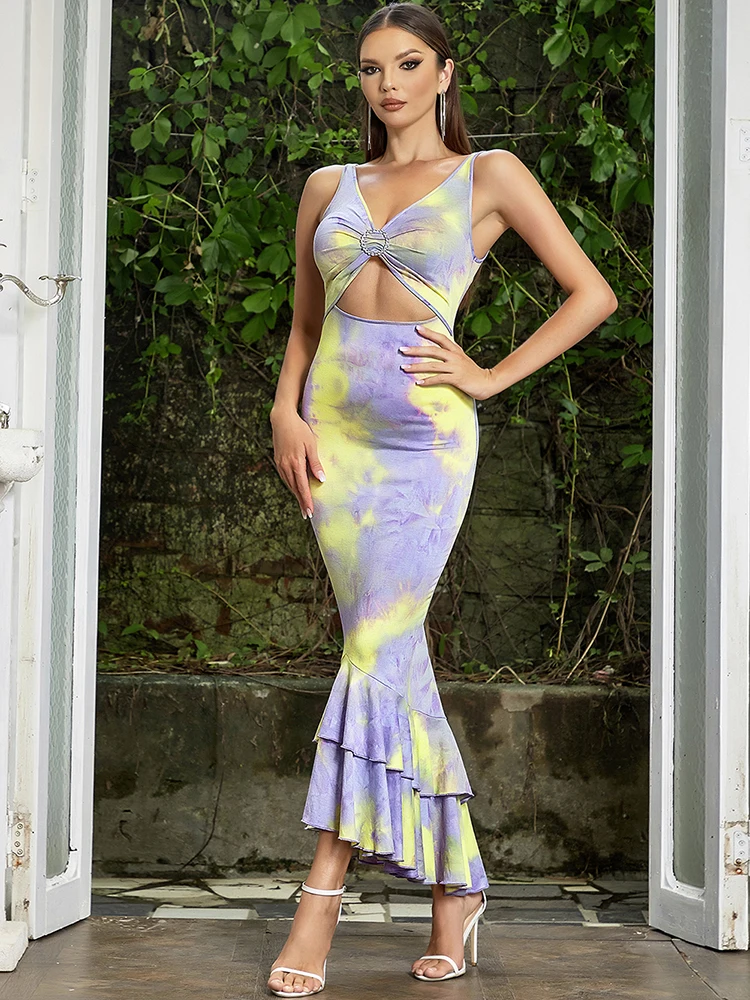 

Elegant Sleeveless Mixed Color Knitted Mermaid Women Maxi Dresses Summer Sexy Neck Hollow Out Celebrity Runway Club Party Dress