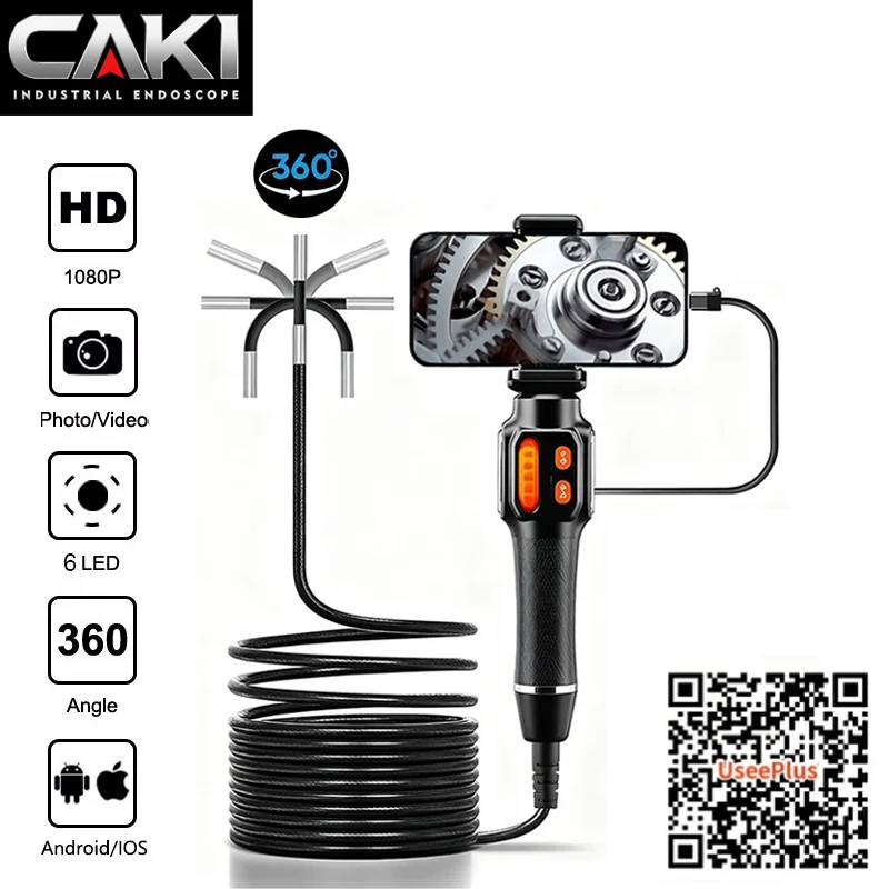 360 Degree Rotation Endoscope Inspection Camera 6.0mm Lens HD Articulated Borescope Camera for Automotive Car IOS Android 1080P 1