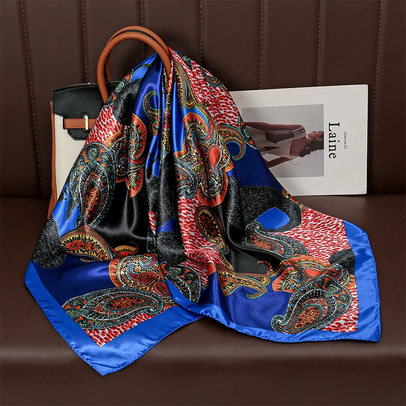 Luxus Marke Böhmen Druck Platz Silk Schal für Frauen Hijab Haar Bands 90 cm Halstuch Weibliche Satin Schal Bandana Stirnband – Detail 13