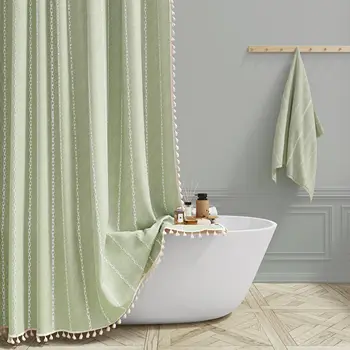 Green Farmhouse Linen Shower Curtain – Striped Tassel Boho Fabric 1