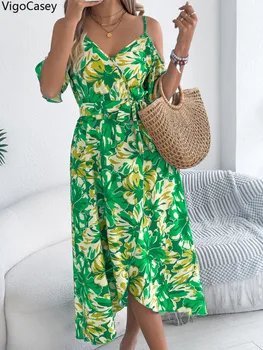 VigoCasey 2025 Summer Sexy Print Long Dress Women Off Shoulder Short Sleeve Clud Dress Lady Casual Cross V Neck Tight Dresses